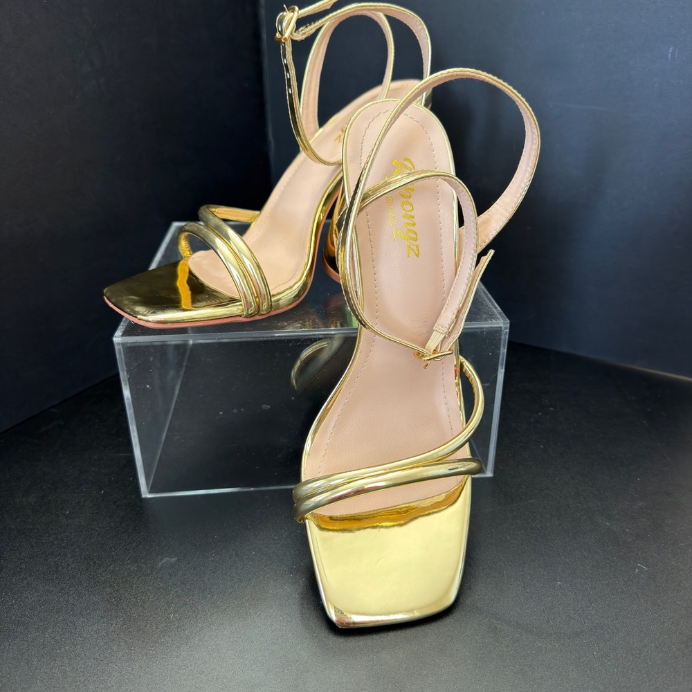 Ribongz Gold Metallic Square Toe Block Heel Strappy Sandals Womens 8.5